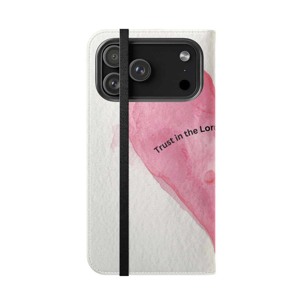 Christian Watercolor Heart Flip Case — "Trust in the Lord with all thine heart" Phone Wallet