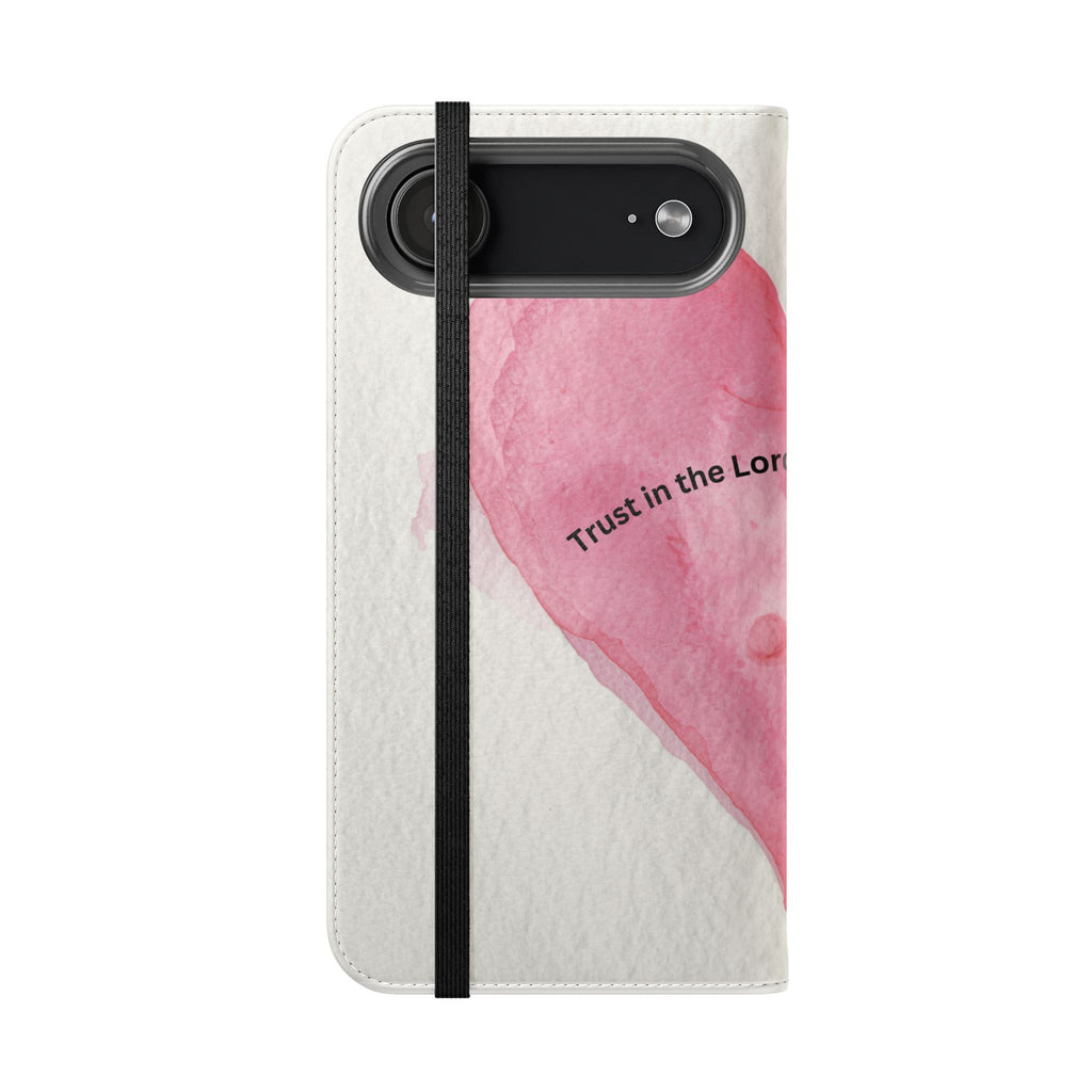 Christian Watercolor Heart Flip Case — "Trust in the Lord with all thine heart" Phone Wallet