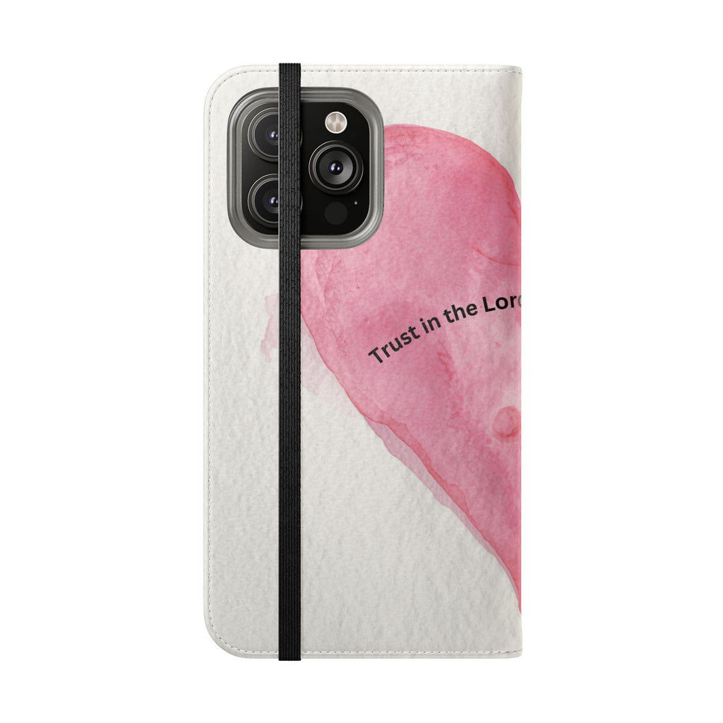 Christian Watercolor Heart Flip Case — "Trust in the Lord with all thine heart" Phone Wallet