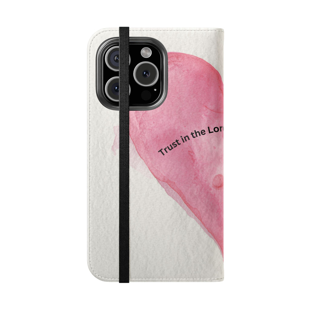 Christian Watercolor Heart Flip Case — "Trust in the Lord with all thine heart" Phone Wallet